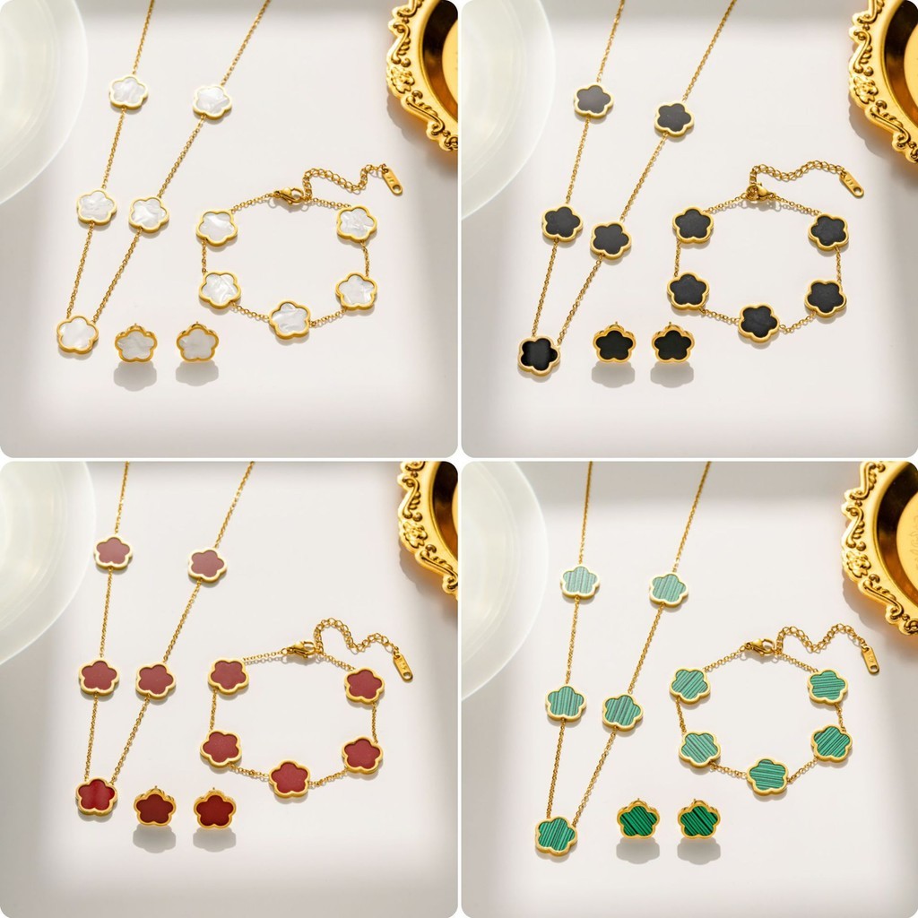 Lucky Five Leaf Grass Fashion Pulseira Colar Brinco Conjunto , Revestido a Vácuo , Sem Desbotamento , Como Pequeno Prese