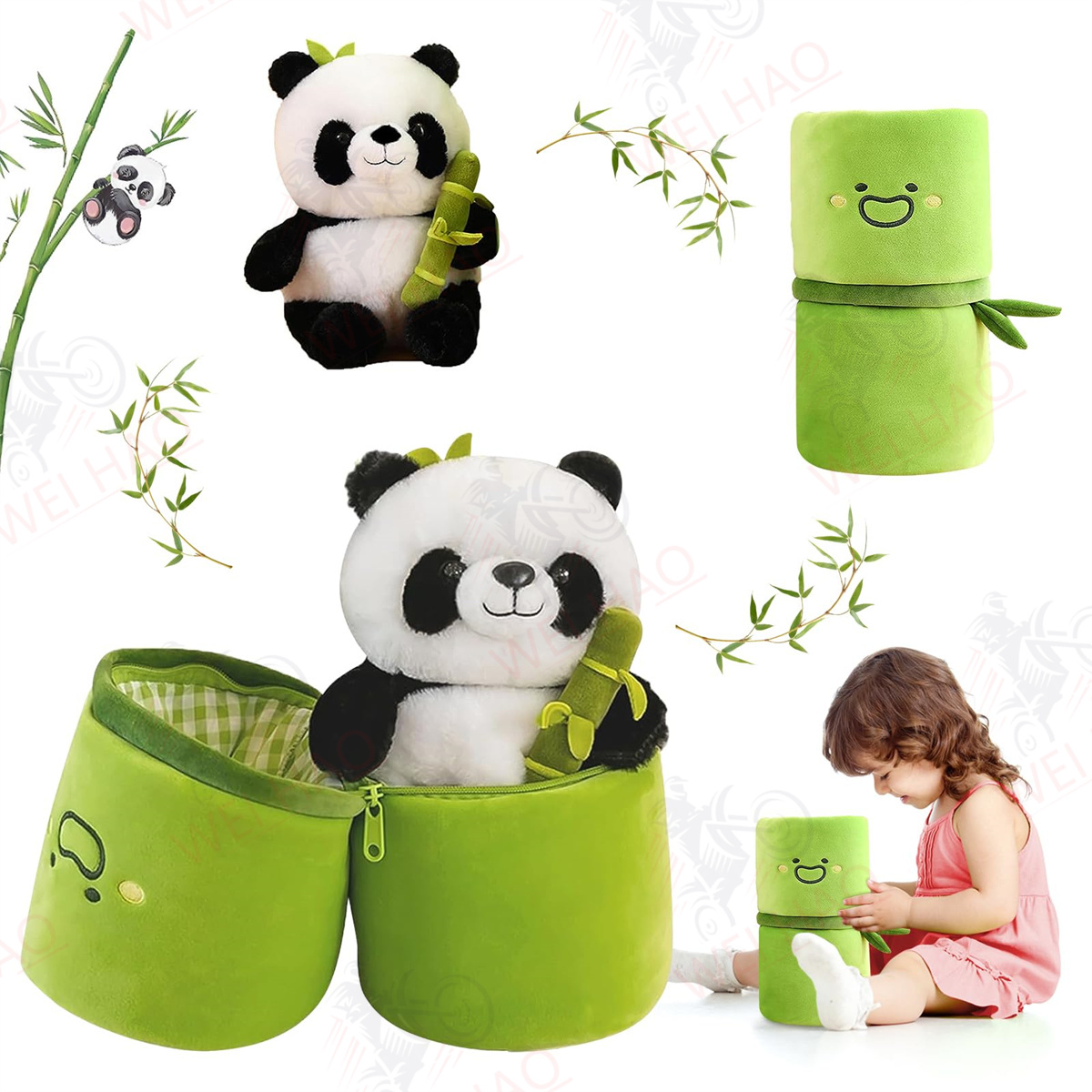Conjunto de Brinquedos de Pelúcia Panda e Bambu 25cm - Brinquedo de Pelúcia Panda, Presente de Boneco Panda para
