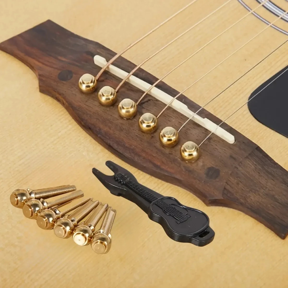  6 peças de pinos de corda de ponte de guitarra de latão com extrator de pinos de ponte de guitarra, pinos de prego,