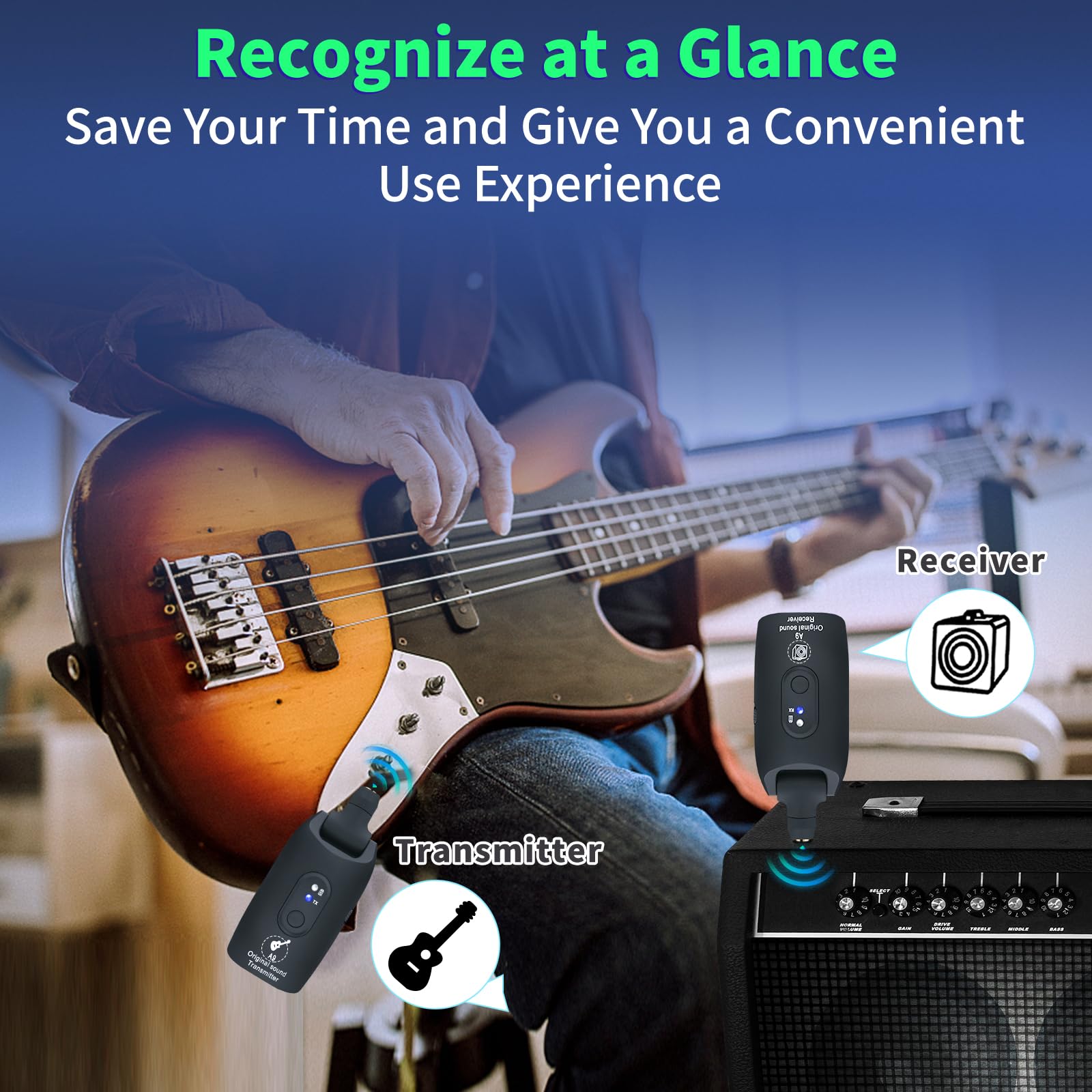 Novo Sistema de Guitarra Sem Fios A9 - 2.4GHz, Áudio 24-bit 48KHz, Alcance de 30 metros, Sem Latência, Bateria