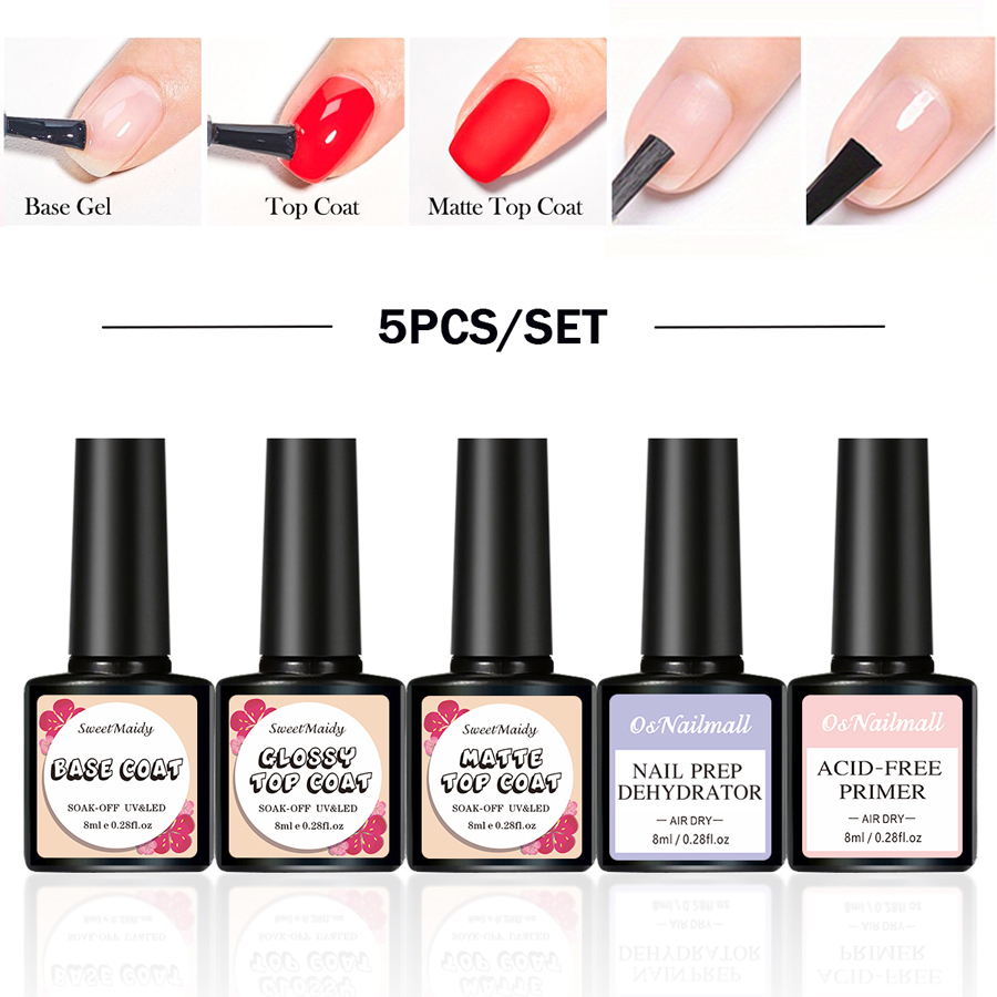 Conjunto Completo Para Unhas Com 5 Peças: Desidratador, Primer, Top Coat, Matte Top E Base Gel Para Esmalte duradouro