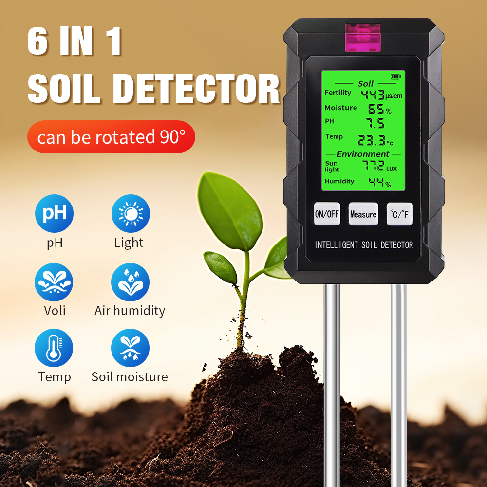  Testador Digital de Solo 6 em 1 PH, Umidade, Luz Solar, Temperatura, Umidade para Plantas de Jardim 1 Unidade