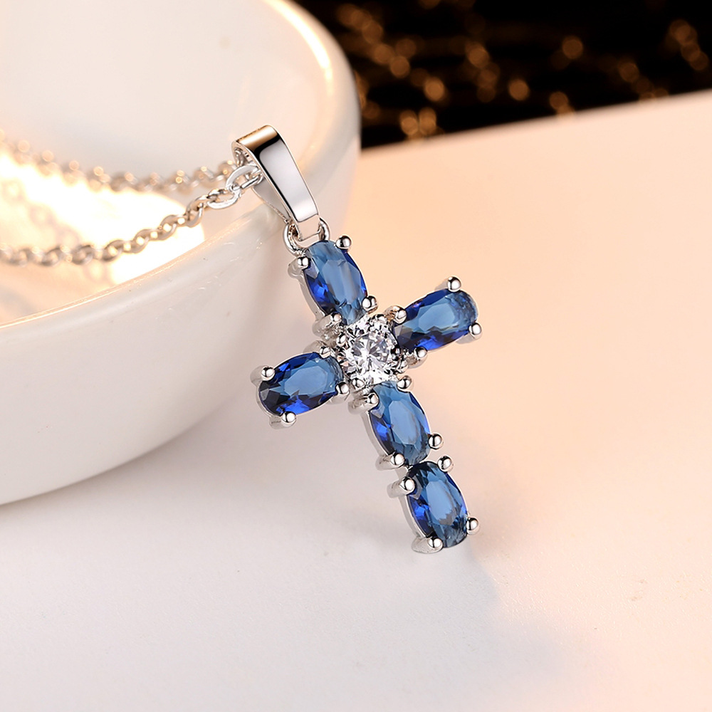 Huitan Gorgeous Blue Oval Cubic Zirconia Cross Pendant Colar Para Mulheres Jóias De Encanto Do Dia Dos Namorados Namorada