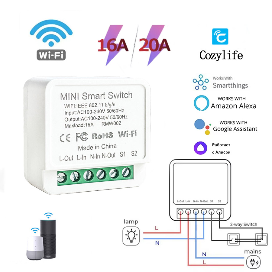  Módulo de Interruptor WiFi Inteligente Novo 16A 20A Relé Disjuntor 2 Vias Controle Remoto APP AC100-240V Compatível com