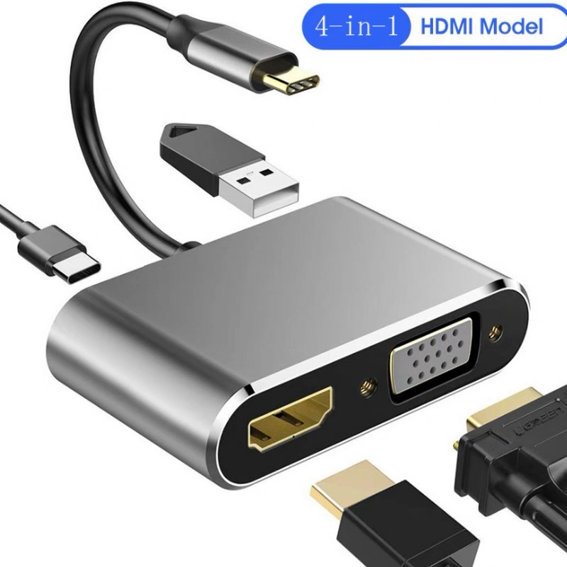 Adaptador USB C Para HDMI 4 Em 1 4K Com VGA USB3.0 PD 87W Conversor De Vídeo De Carregamento Rápido Laptop