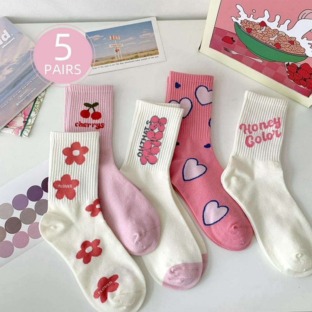 5 Pares de Meias de Tubo Rosa com Flores Brancas e Amor para Senhoras Japonesas Moda