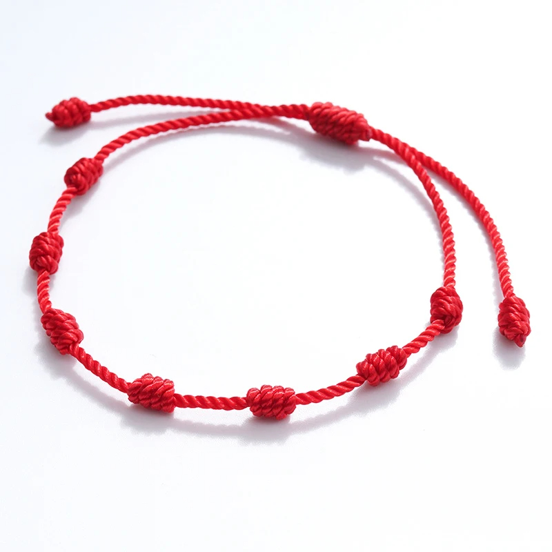Bracelete de Cordão Vermelho com 7 Nós para Sorte e Proteção, Ajustável, Joia de Corda Trançada, Presente.