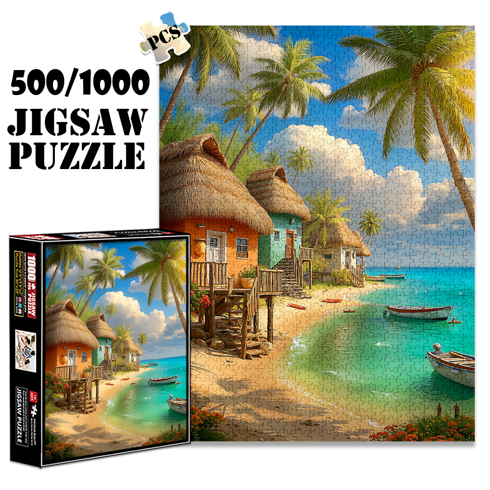 500/1000 Peças Quebra-cabeça Para Adultos Paraíso Tropical Cabanas de Praia e Palmeiras Quebra-cabeça de Papel DIY Jogo
