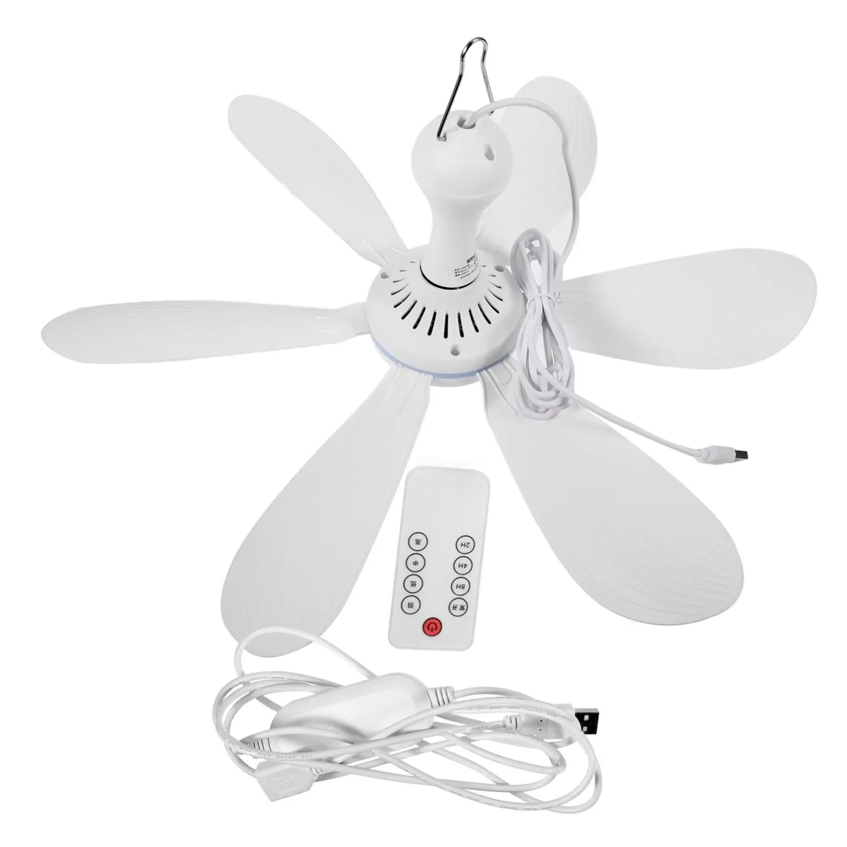 Ventilador de Teto com 6 Pás Silencioso, Alimentado por USB, com Controle Remoto e Timer, 4 Velocidades, para Uso