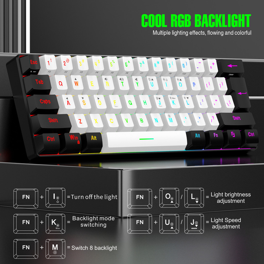 Teclado Gamer Mini Compacto com 61 Teclas, Retroiluminação RGB, USB-C, Cabo de Alimentação Removível para Escritório