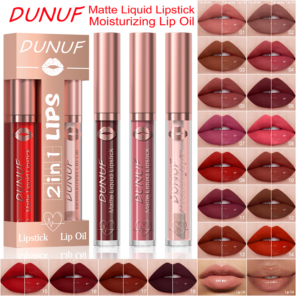 DUNUF Conjunto de Brilho Labial + Óleo Labial 2 Peças, Batom Matte À Prova D'Água e Hidratante.