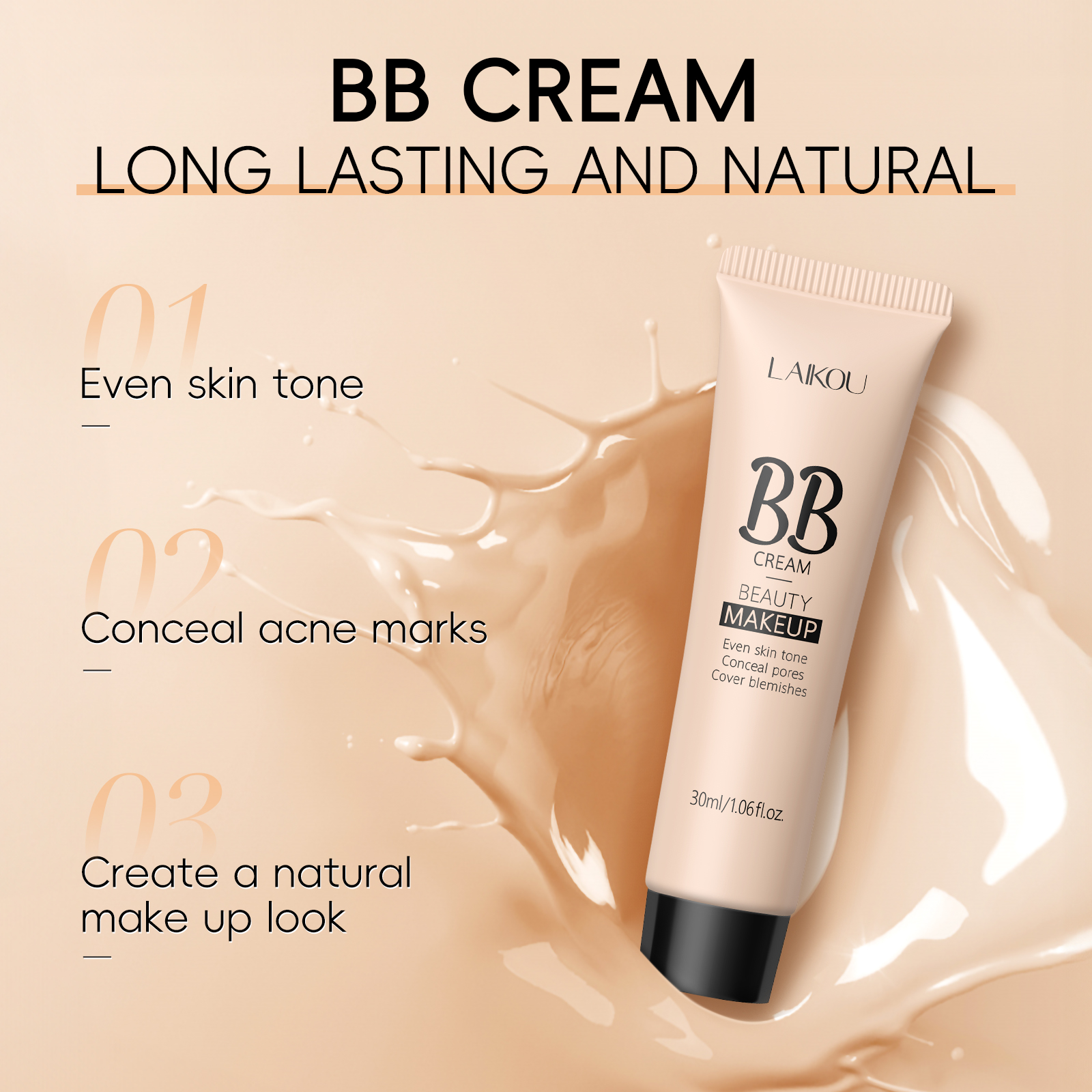 LAI KOU Creme BB À Prova D'água : Base Corretiva De Longa Duração Com Controle De Óleo-30ml