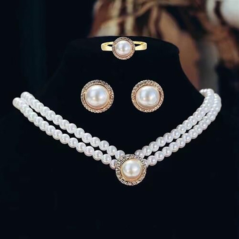 Elegante Conjunto De Jóias De Pérola Colar Brincos Anel Estilo Vintage Acessórios De Casam...