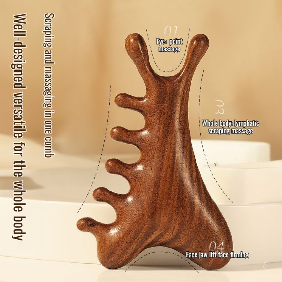 Novo pente massageador de sandalwood de 4 em 1 para terapia do couro cabeludo, drenagem linfática, levantamento facial,