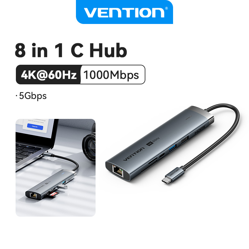 Vention 8-em-1 Hub USB-C com leitor de cartões, HDMI 4K, VGA e adaptador de rede para Apple