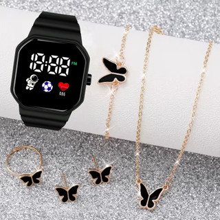Conjunto De Relógio Digital Feminino Elegante De 6 Peças-Pulseira De Silicone Com Tela LE…