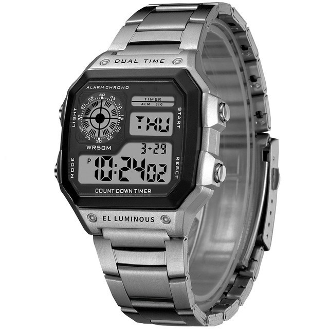 Relógio Esportivo Digital Quadrado Masculino Multifuncional-Cronômetro À Prova D’água E Display LED Brilhante