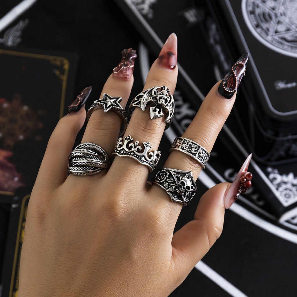 6 Peças Conjunto de Anéis de Dedo Esqueletos Vikings Vintage para Mulheres/Homens - Estilo Moderno e Legal para