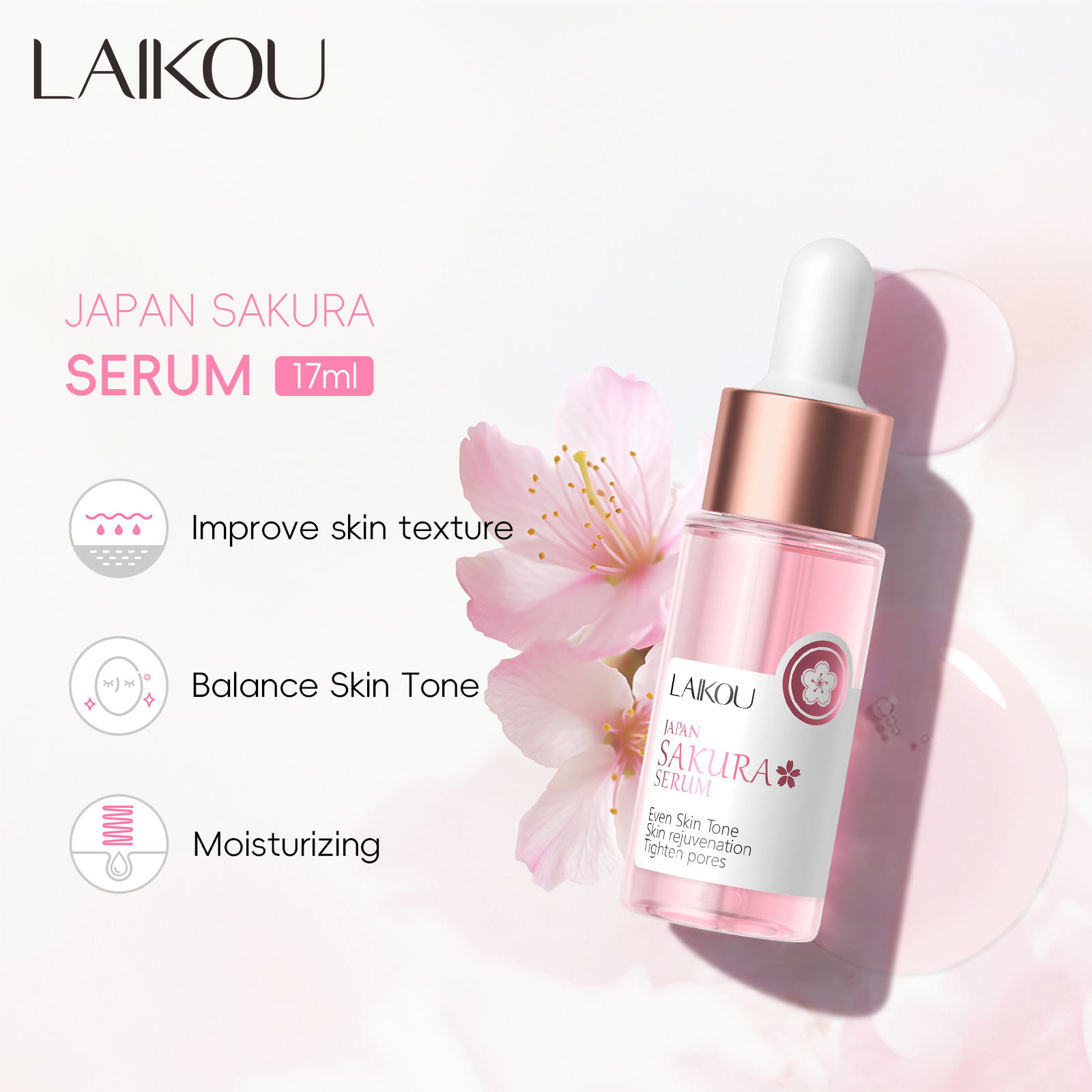 Sérum Facial LAIKOU Japão Sakura de Flor de Cerejeira, Essência Remove manchas, Rejuvenescimento da pele, 17ml.