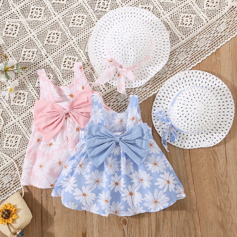 Margarida Impressão Costas Grande Arco Vestido Infantil Verão 0-3 Anos Adorável Chapéu de Palha