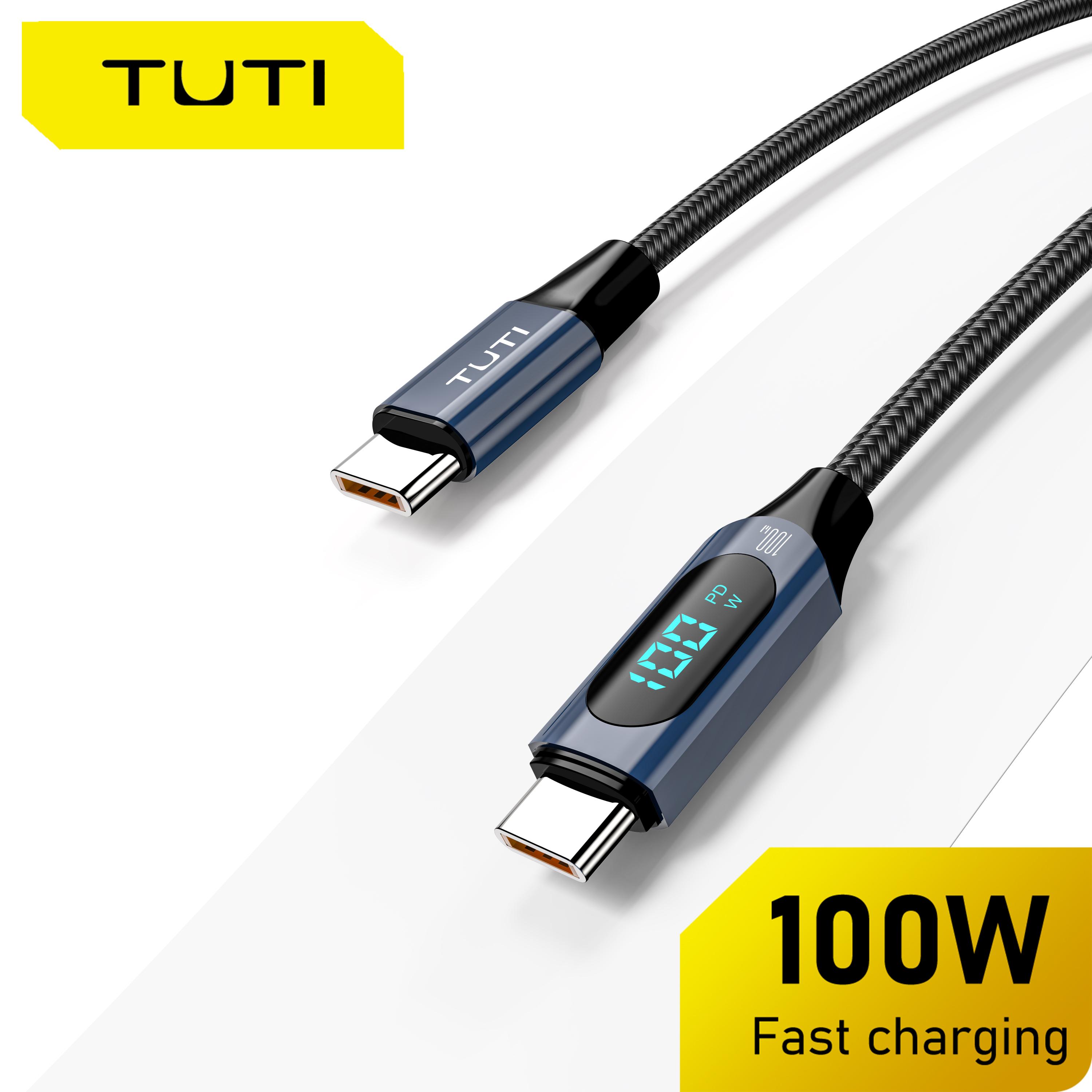 Cabo USB-C para USB-C TUTI 100W 480Mbps de alta velocidade com display LED e nylon trançado para carregamento rápido de