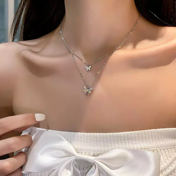 Colar Elegante De Coração Borboleta Prateado | Presente De Joia Inspirado Em Coreano Estilo Campus Para Ela