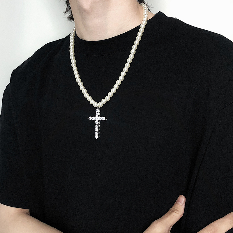 Colar Masculino Vintage Com Pingente De Cruz E Corrente De Clavícula De Pérola Falsa Para Estilo Unissex