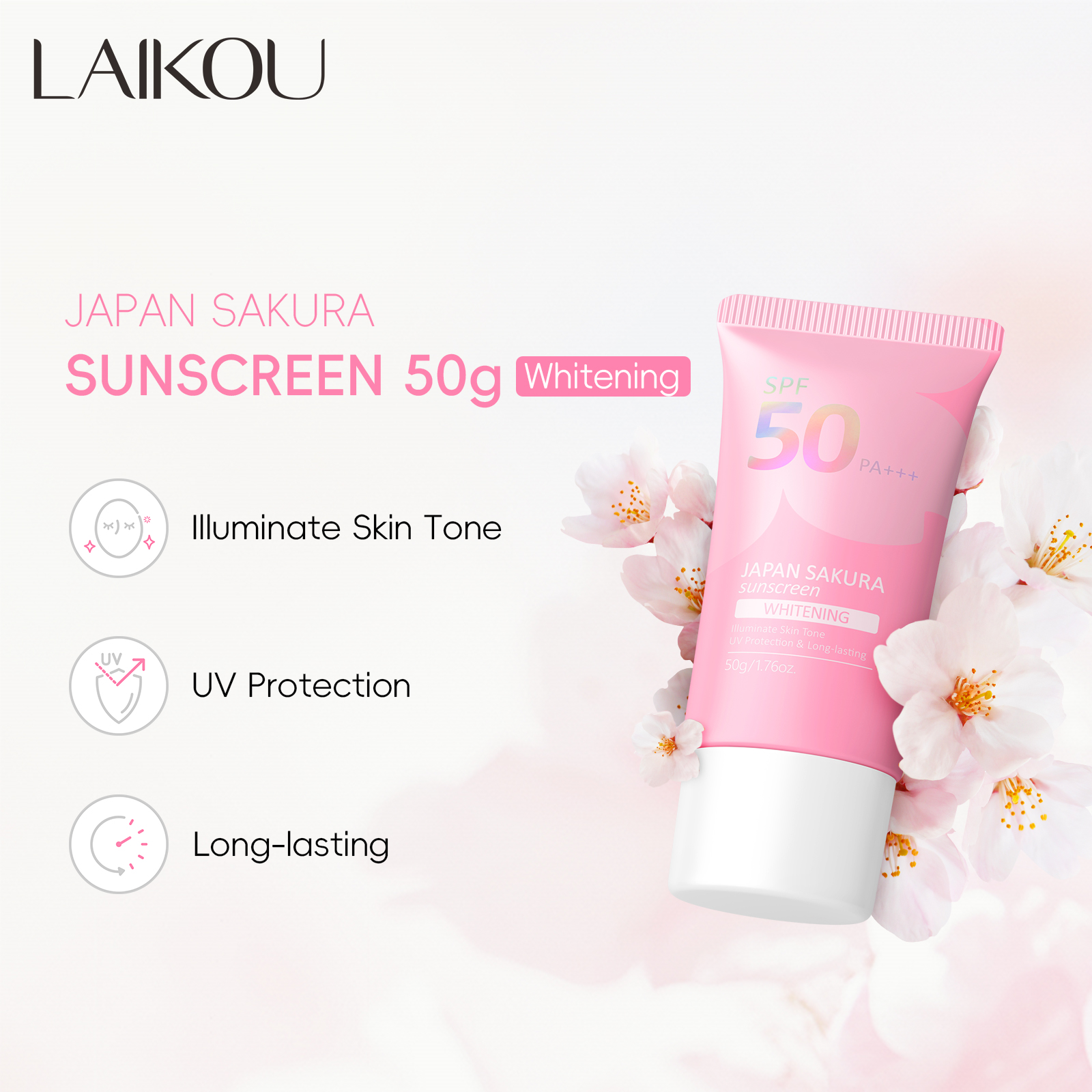 LAIKOU Japão Sakura Creme Solar Iluminador, Protetor Solar, Clareador, Hidratante, Proteção UV, Longa Duração, Cuidados