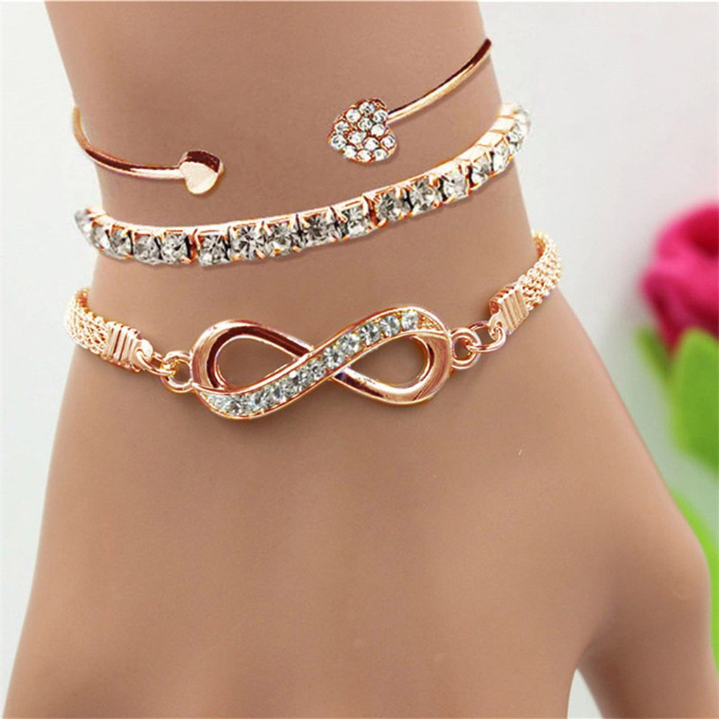 Conjunto De Pulseira De Corrente De Cobra Com Nó De Amor , Joia De Coração Aberto De 3 Peç...