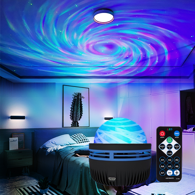 Projetor de luz aurora musical giratório em LED RGB, projetor de imagem colorida de sete cores, luminária de atmosfera