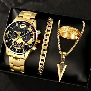 Conjunto De Relógio De Pulso Masculino Chique 4 Peças-Pulseira De Aço Inoxidável E Mostra…