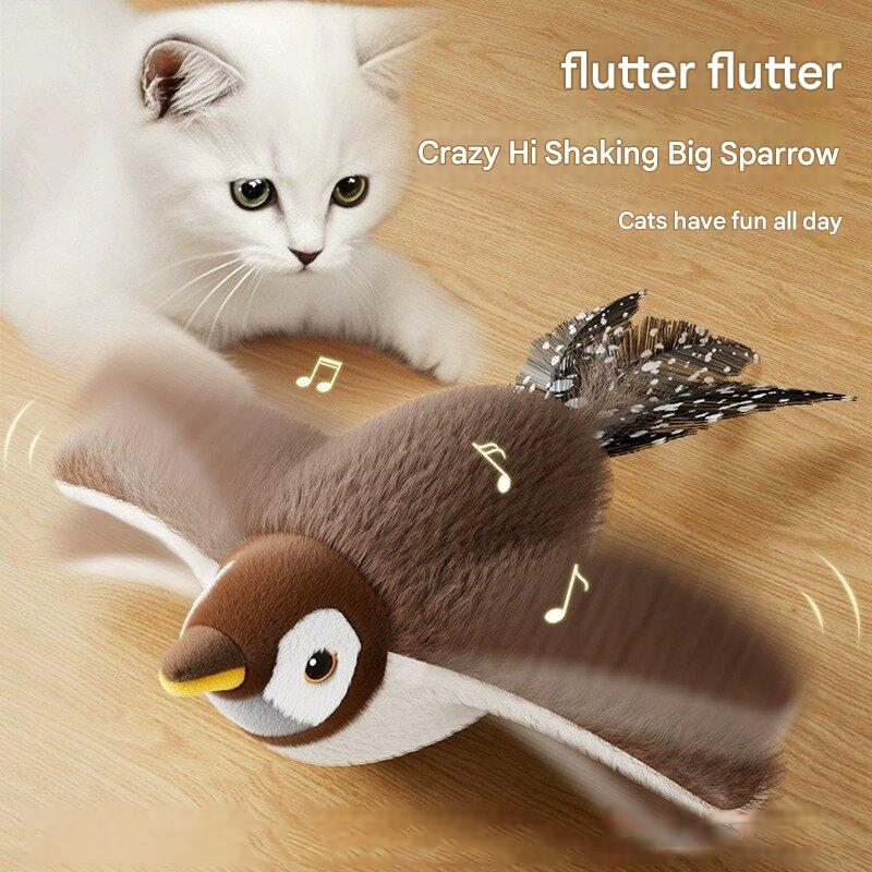 Pássaro voador brinquedo para gato, pássaro eletrônico interativo USB, pode ser pendurado, ativado ao toque, com som