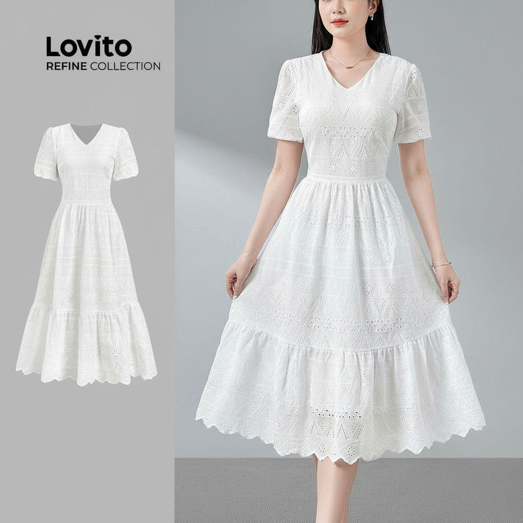 Vestido Casual Bordado Ilhós Primavera Verão Branco Feminino LR26ED067 em Oferta na Shopee
