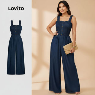 Lovito Macacão Smocked Feminino Azul para Primavera/verão LBL31009 em Oferta na Shopee