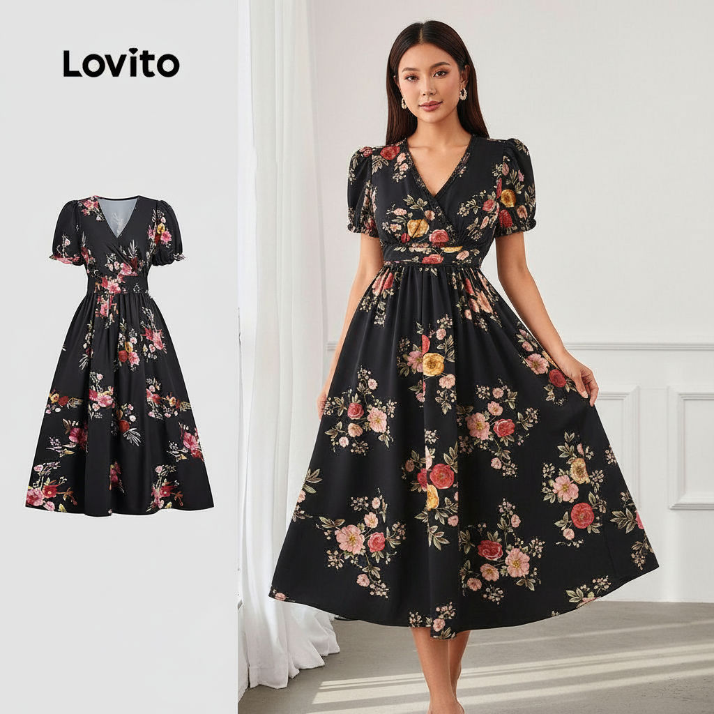 Lovito Vestido Feminino Casual com Pregas para Primavera/Verão LBL31149