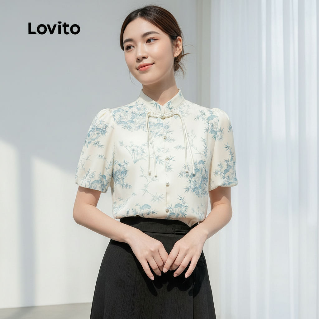 Lovito Blusa Feminina Azul Claro Estilo Chinês Cheongsam Com Botões Para Primavera Verão L157LD337 em Oferta na Shopee