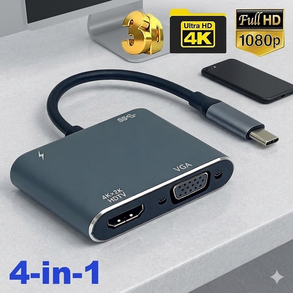 Hub USB 4 Portas Tipo C para HDMI-compatível 4K VGA Digital AV PD Adaptador de carregamento compatível com MacBook