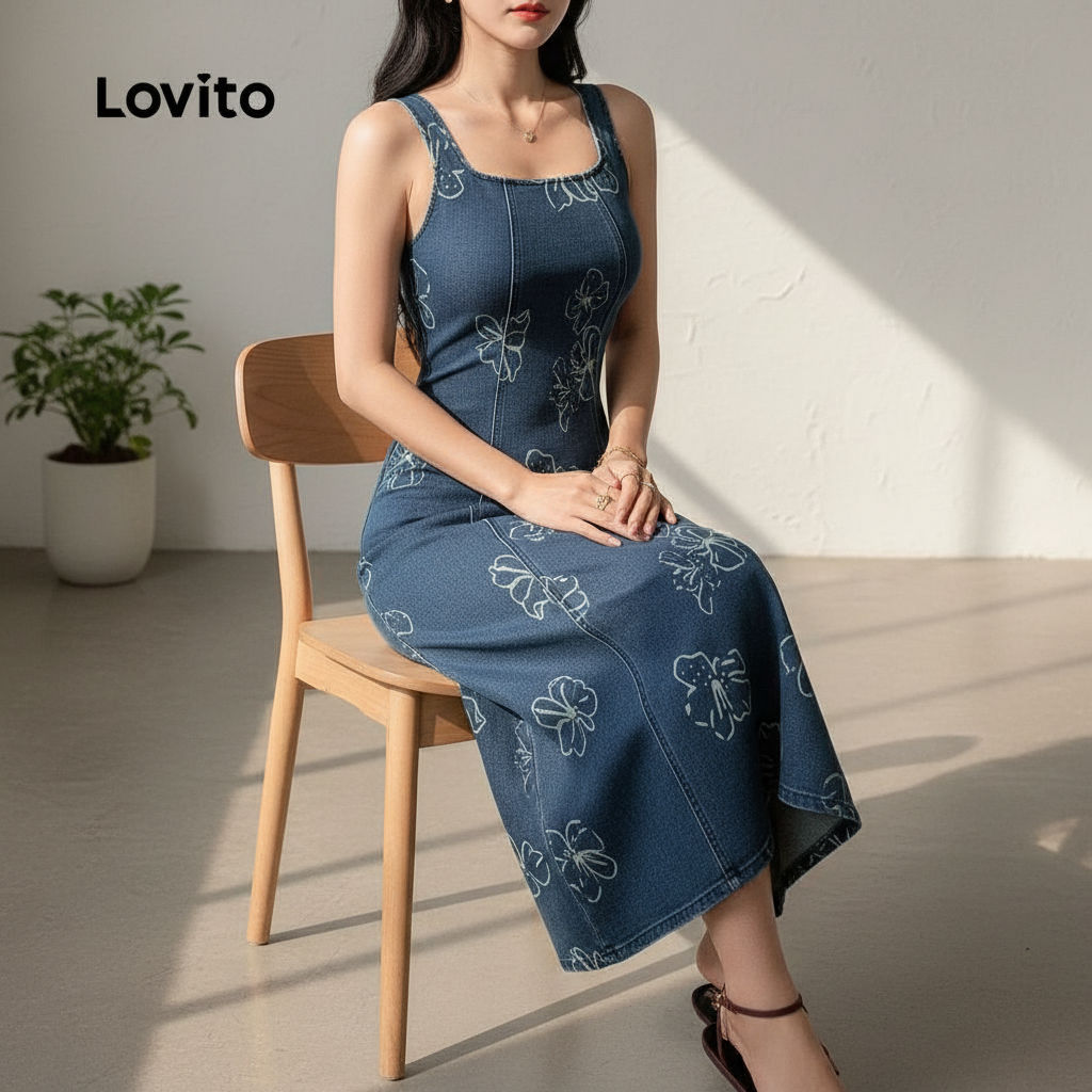 Lovito Vestido Jeans Florido Feminino Elegante Primavera/Verão Azul LK2LD288