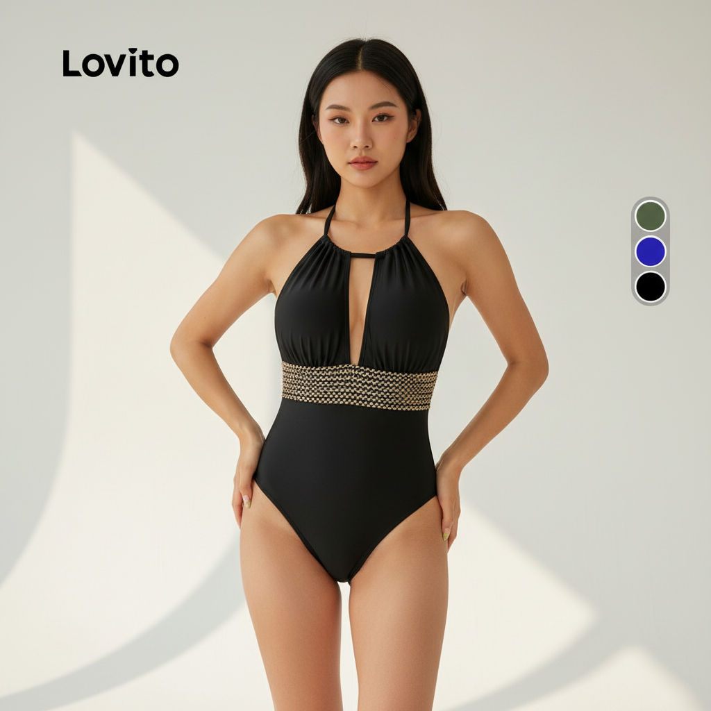Lovito Maiô Feminino Casual de Uma Peça com Fita de Contraste para Primavera Verão Preto LNL126242 em Oferta na Shopee