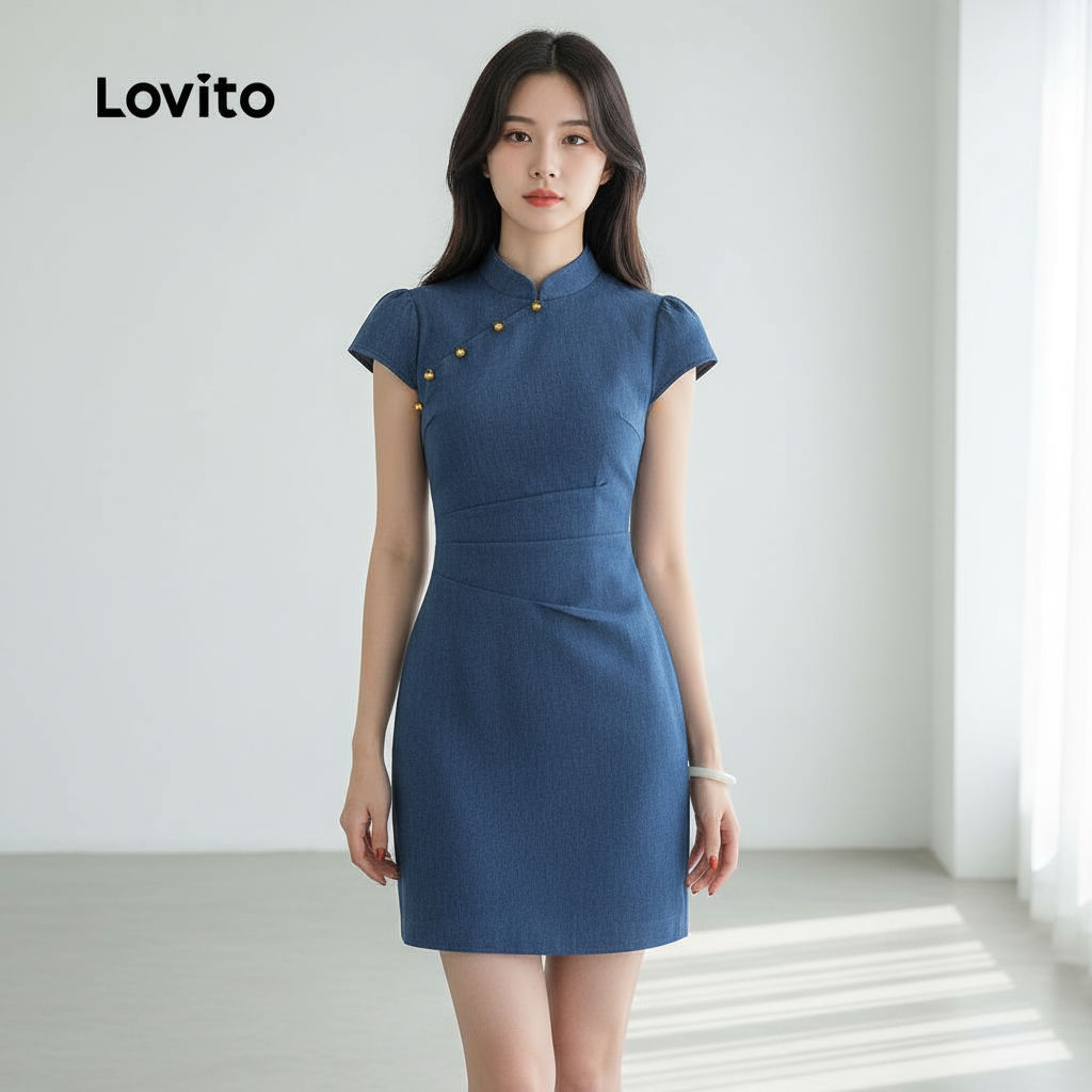 Lovito Vestido Casual Estilo Chinês Moderno Cheongsam Qipao Primavera/verão Azul Escuro LK2AD1096 em Oferta na Shopee