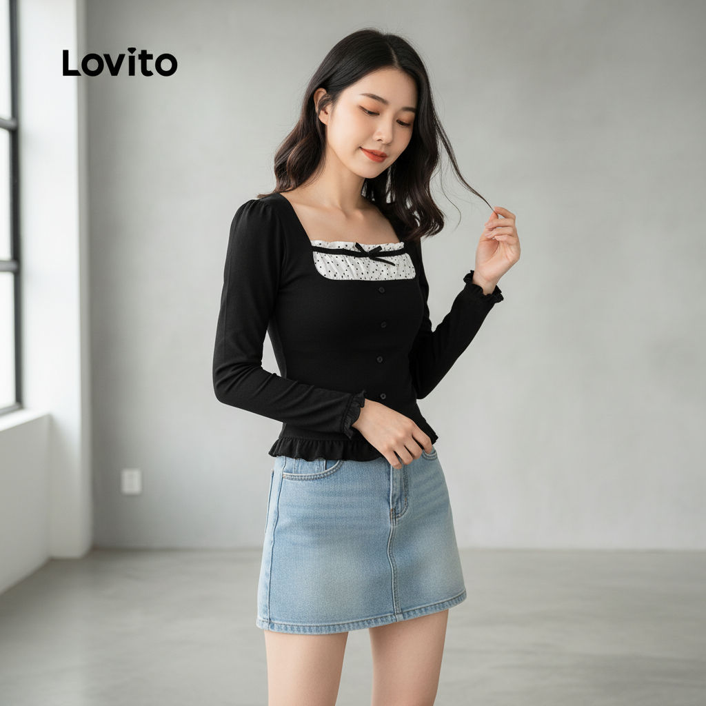 Lovito Camiseta Charmosa com Babados para Outono/inverno Preta Feminina L166AD006 em Oferta na Shopee