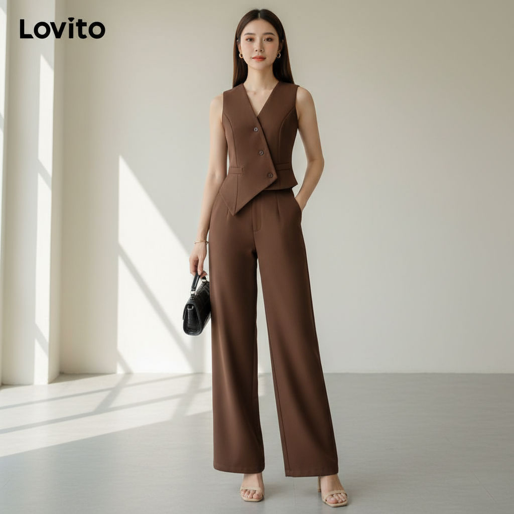 Lovito Calças Femininas Elegantes de Botão para Primavera Verão Marrons Tops ou Calças L158ED727 em Oferta na Shopee