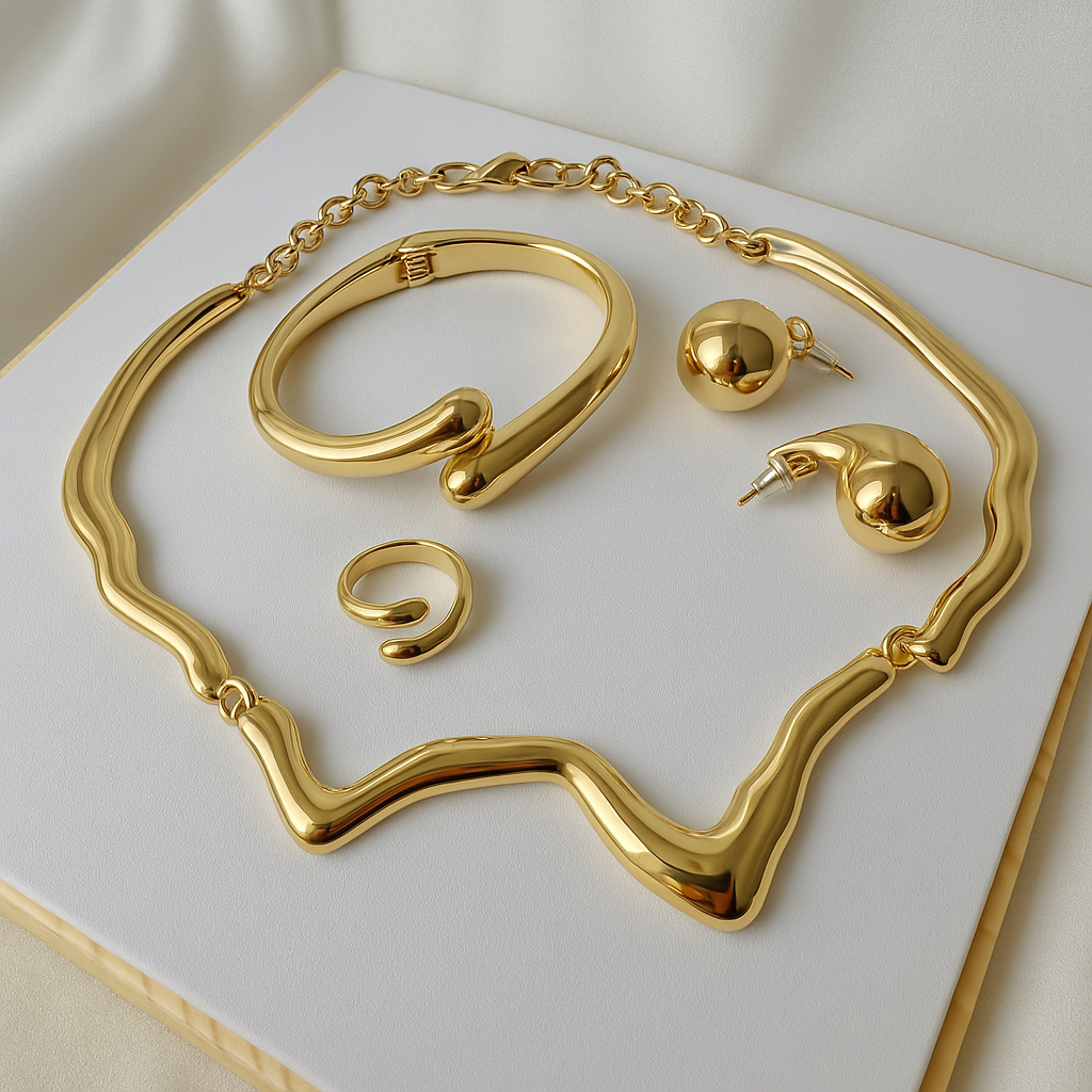 Onda De Ouro Gargantilha Brinco Anel Pulseira Conjunto Oriente Médio Heavy Metal Feminino Jóias