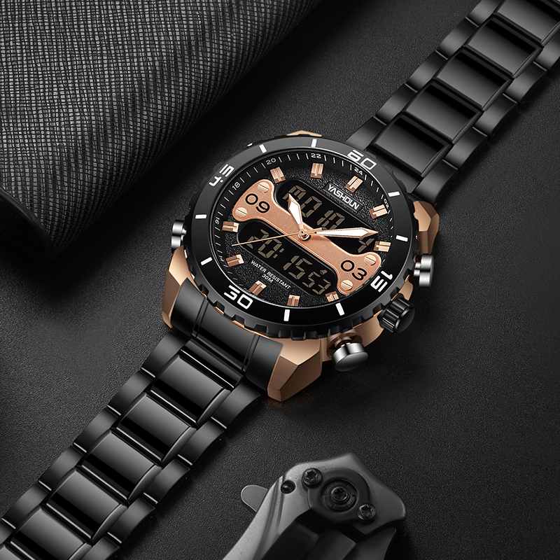 Yashidun Relógio Esportivo Masculino Com Display Duplo Preto Rosa Ouro À Prova D'água De Pulso Analógico Digital