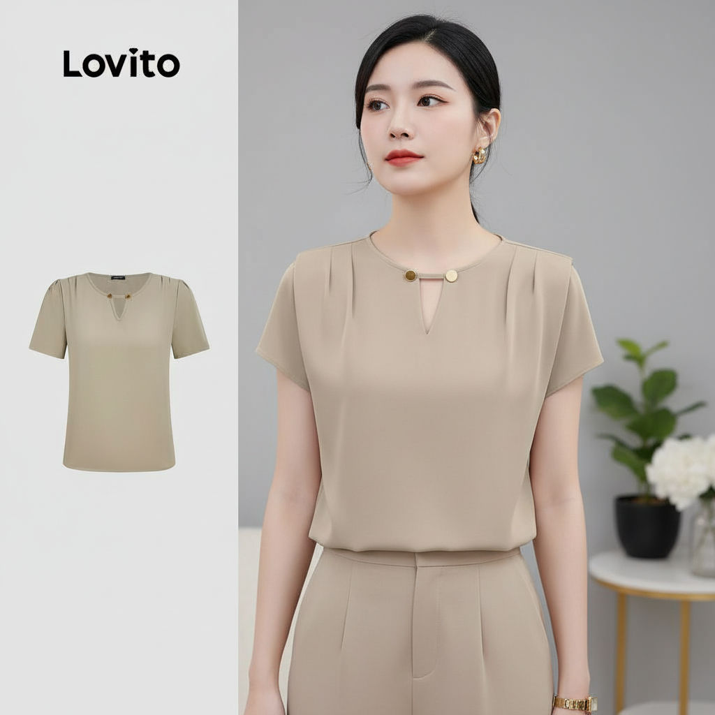 Lovito Blusa Feminina Casual Plissada Primavera Verão Khaki L164ED1028 em Oferta na Shopee