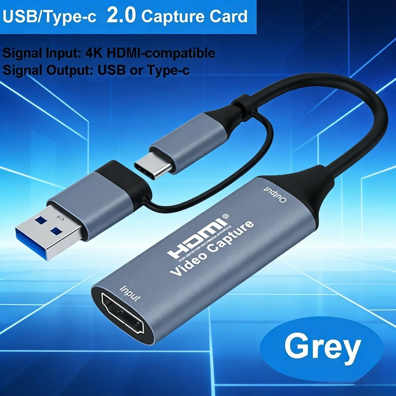 Placa de captura de vídeo 2 em 1 HDMI para USB/USB-C 4K compatível com PS4 Xbox para gravação de jogos