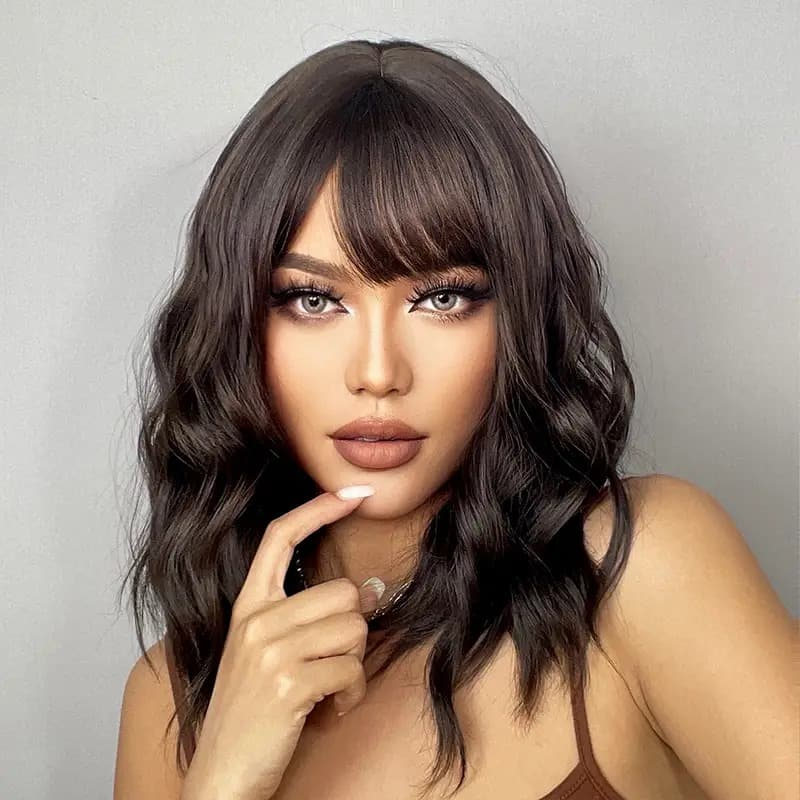 Peruca brasileira de cabelo humano cacheado, bob com franja, ombre preto a castanho escuro