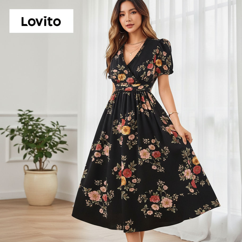 Lovito Vestido Feminino Casual com Pregas para Primavera/Verão LBL31149