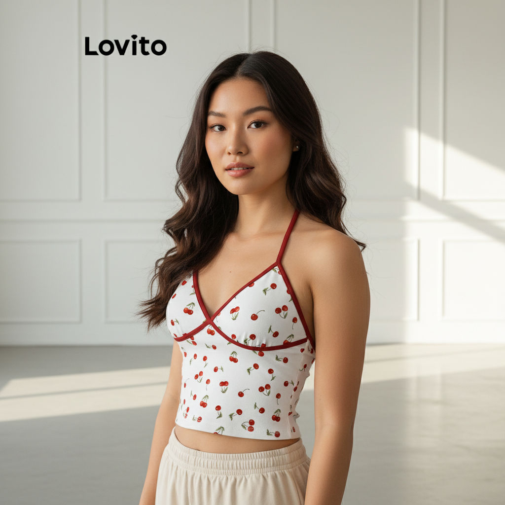 Lovito Regata Feminina Estampada de Frutas e Vegetais com Amarração L108ED343 em Oferta na Shopee