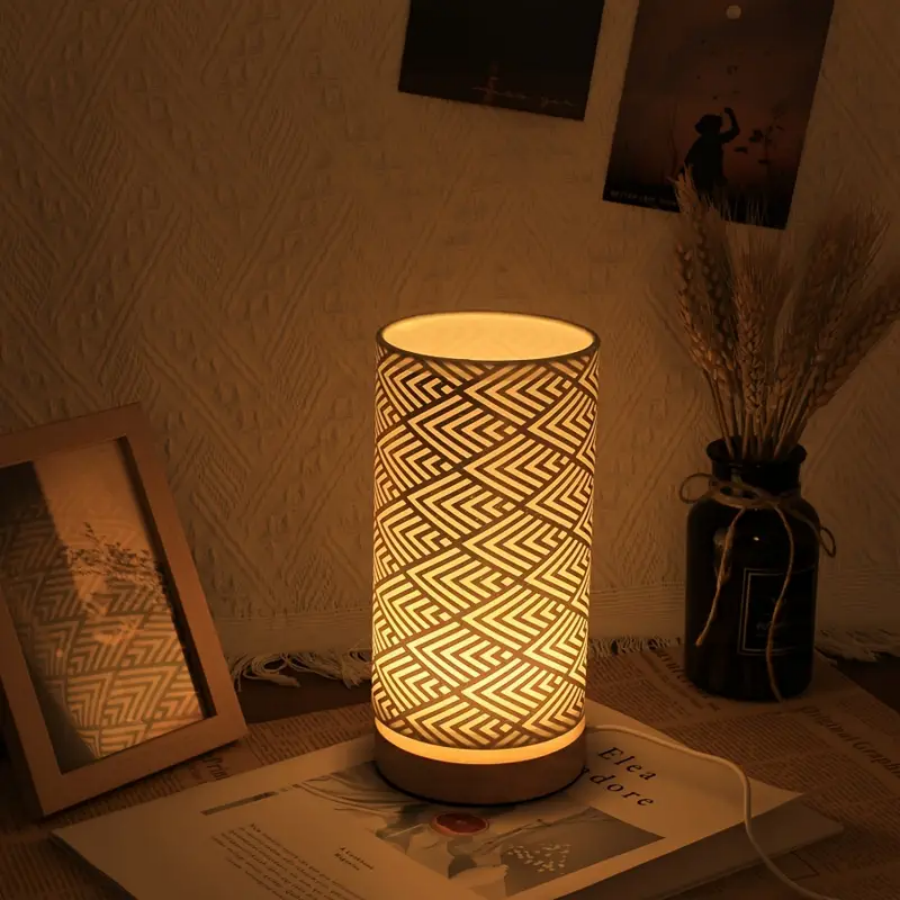 Padrão de Meandro Chinês, Lâmpada de Mesa Cilíndrica, Luz Noturna de Tomada para Quarto, Luminária de Cabeceira